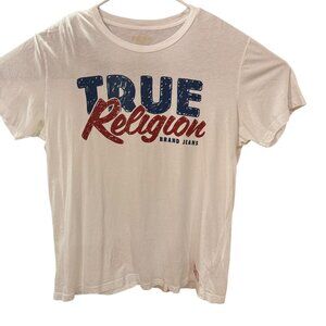 True Religion Shirt Mens 2XL White Graphic Logo Tee Brand Jeans Red Blue Casual